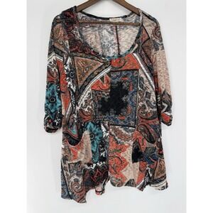 Studio Top Aqua Orange Multi Scoop Patchwork Pockets Asymmetrical Artsy Boho 1X